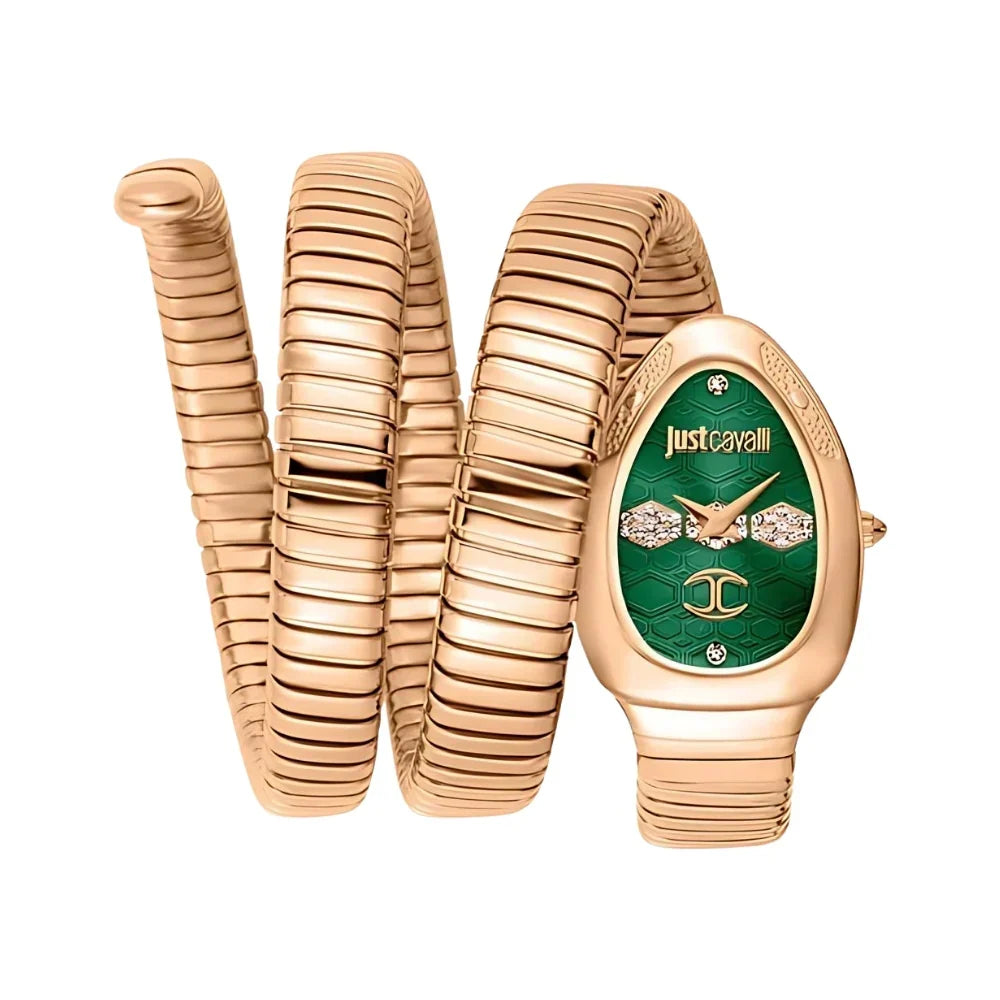 Just Cavalli Signature JC1L232M0045 22mm Women's Quartz Watch – Green with Rose Gold Stainless Steel Bracelet