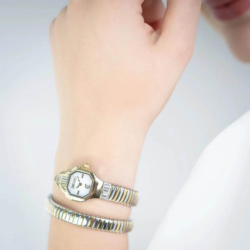 Just Cavalli Signature Snake JC1L326M0055 20mm Women's Quartz Watch – White with Silver & Gold Stainless Steel Bracelet
