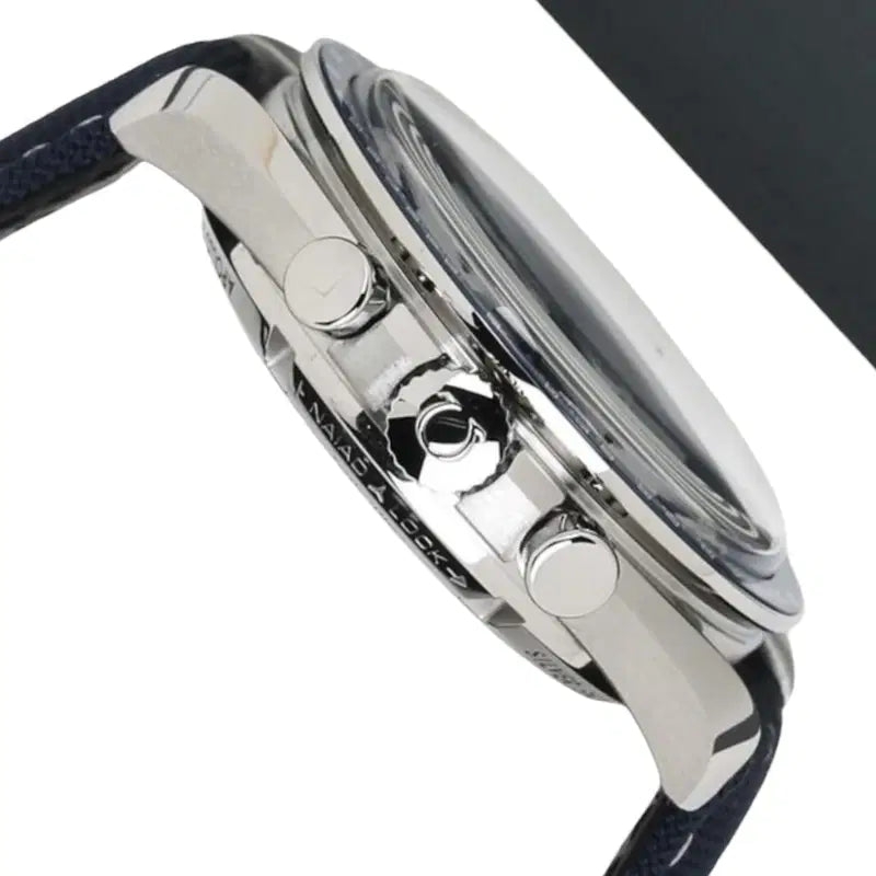 Omega Speedmaster “Silver Snoopy Award” 50th Anniversary Master Quality Watch – White Dial & Navy Leather Strap