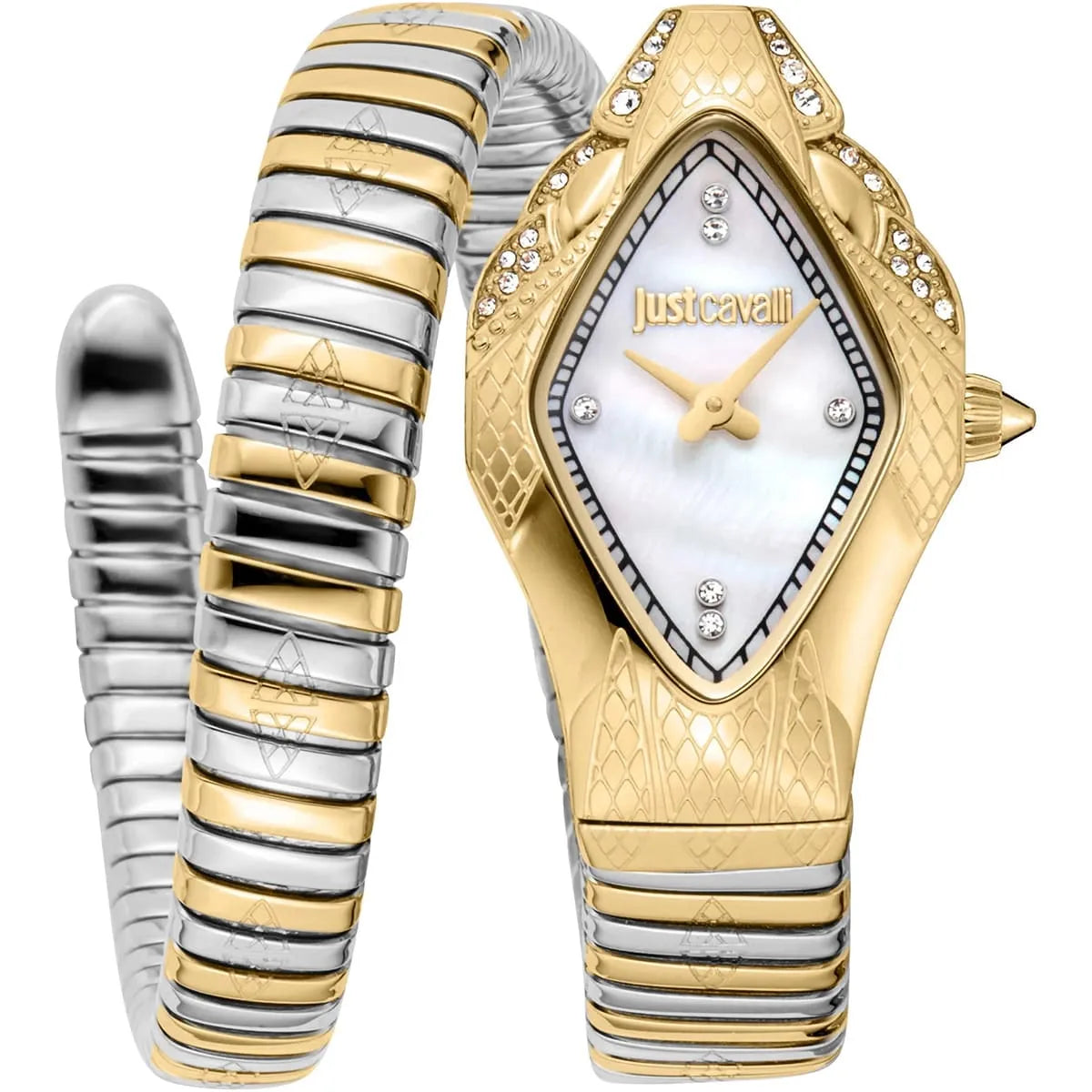 Just Cavalli Signature Snake JC1L306M0065 20mm Women's Quartz Watch – White with Silver & Gold Stainless Steel Bracelet