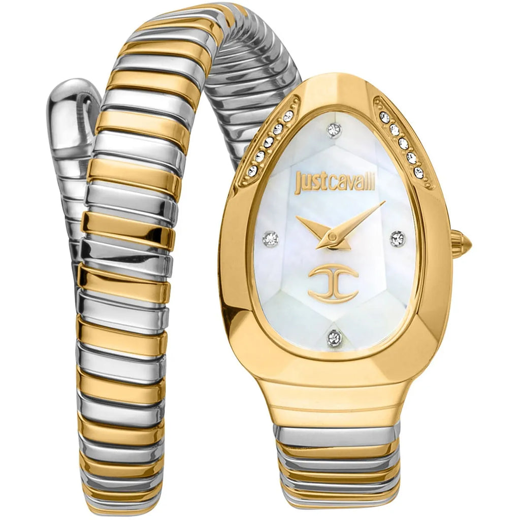 Just Cavalli Signature Snake JC1L229M0065 20mm Women's Quartz Watch – White with Silver & Gold Stainless Steel Bracelet