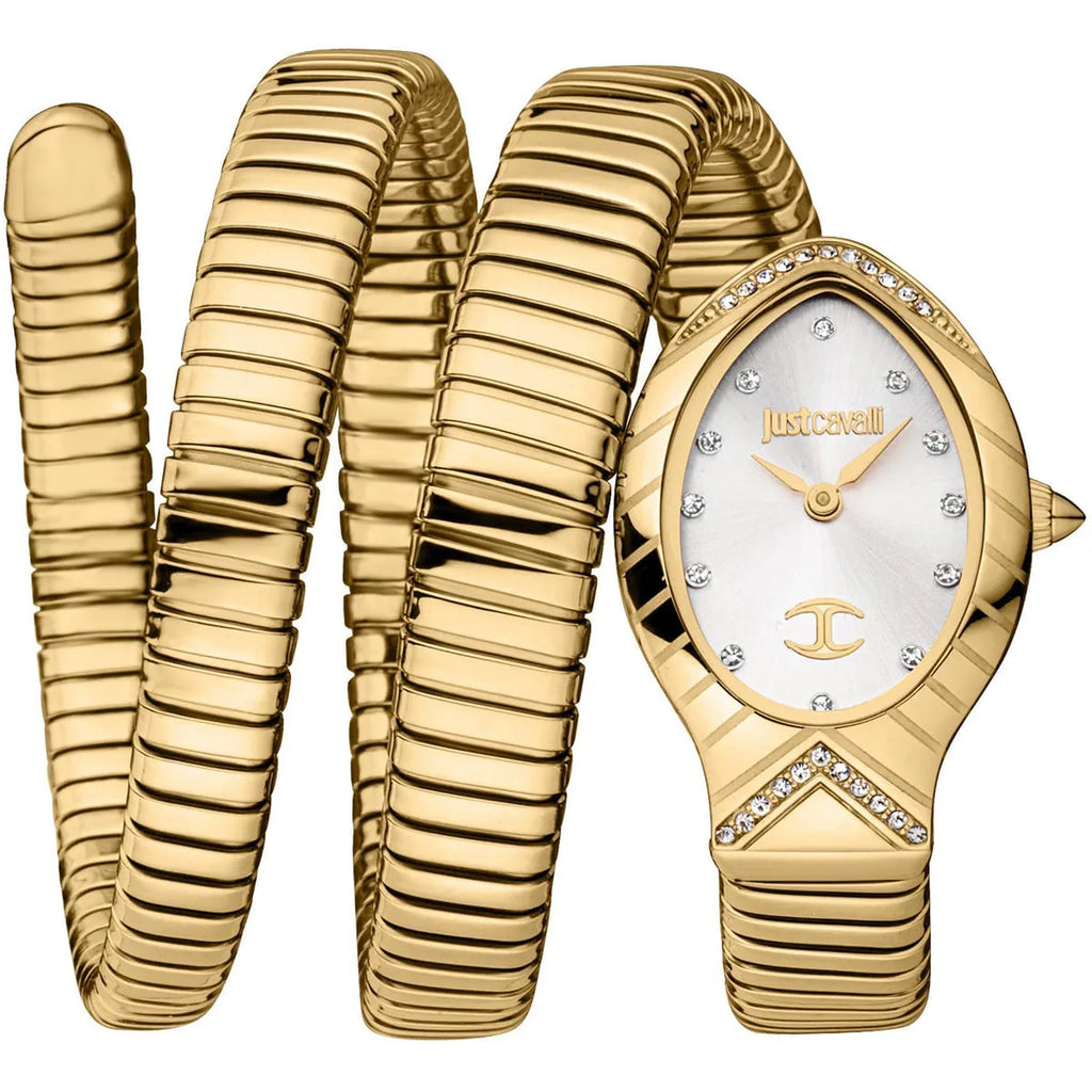 Just Cavalli Signature Snake JC1L248M0025 22mm Women's Quartz Watch – Silver with Gold Stainless Steel Bracelet
