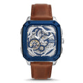 Fossil Inscription BQ2571 42mm Men’s Automatic Watch – Blue Skeleton Dial & Brown Genuine Leather Strap