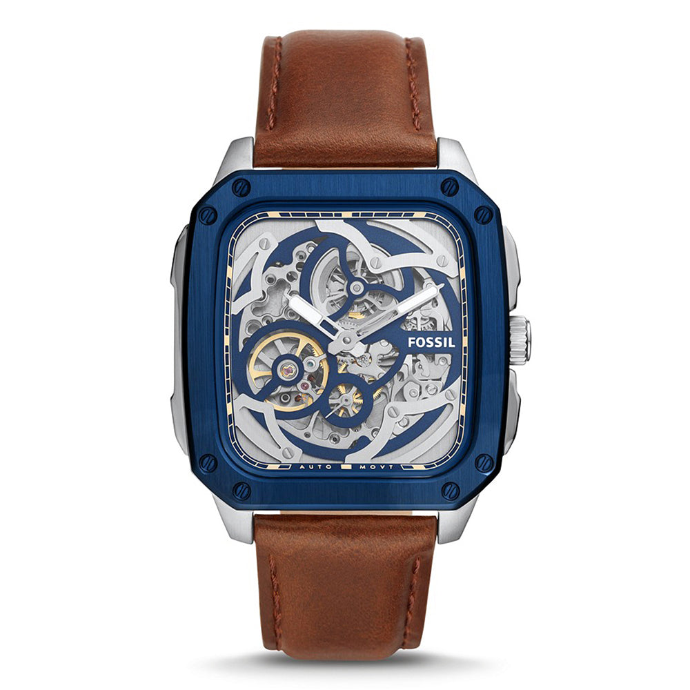 Fossil Inscription BQ2571 42mm Men’s Automatic Watch – Blue Skeleton Dial & Brown Genuine Leather Strap