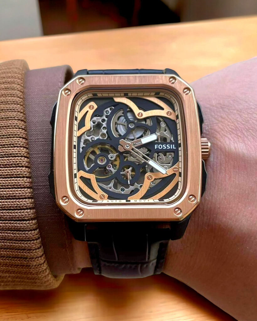 Fossil Inscription BQ2572 42mm Men’s Automatic Watch – Rose Gold-tone Skeleton Dial & Black Genuine Leather Strap