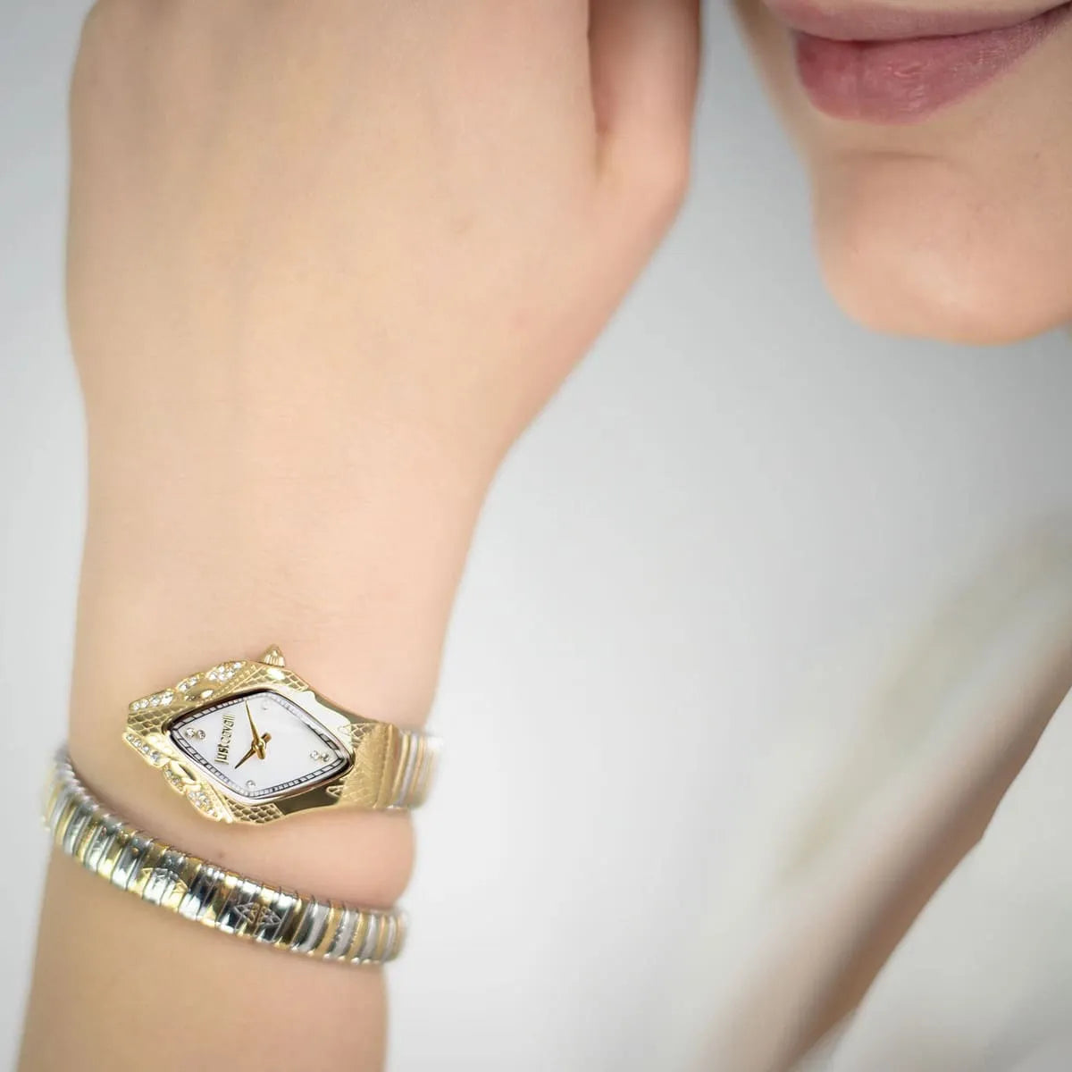 Just Cavalli Signature Snake JC1L306M0065 20mm Women's Quartz Watch – White with Silver & Gold Stainless Steel Bracelet