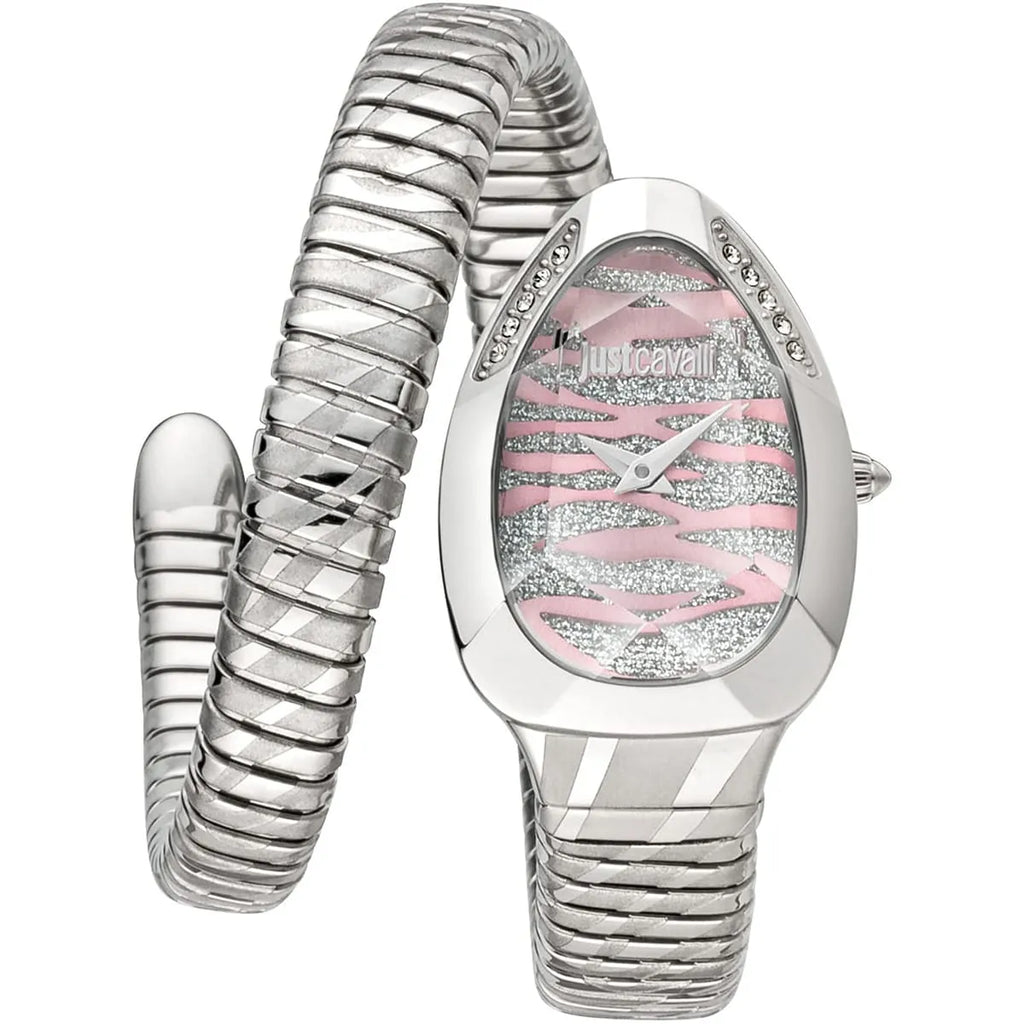 Just Cavalli Signature Snake JC1L225M0015 34mm Women's Quartz Watch – Silver & Pink with Silver Stainless Steel Bracelet