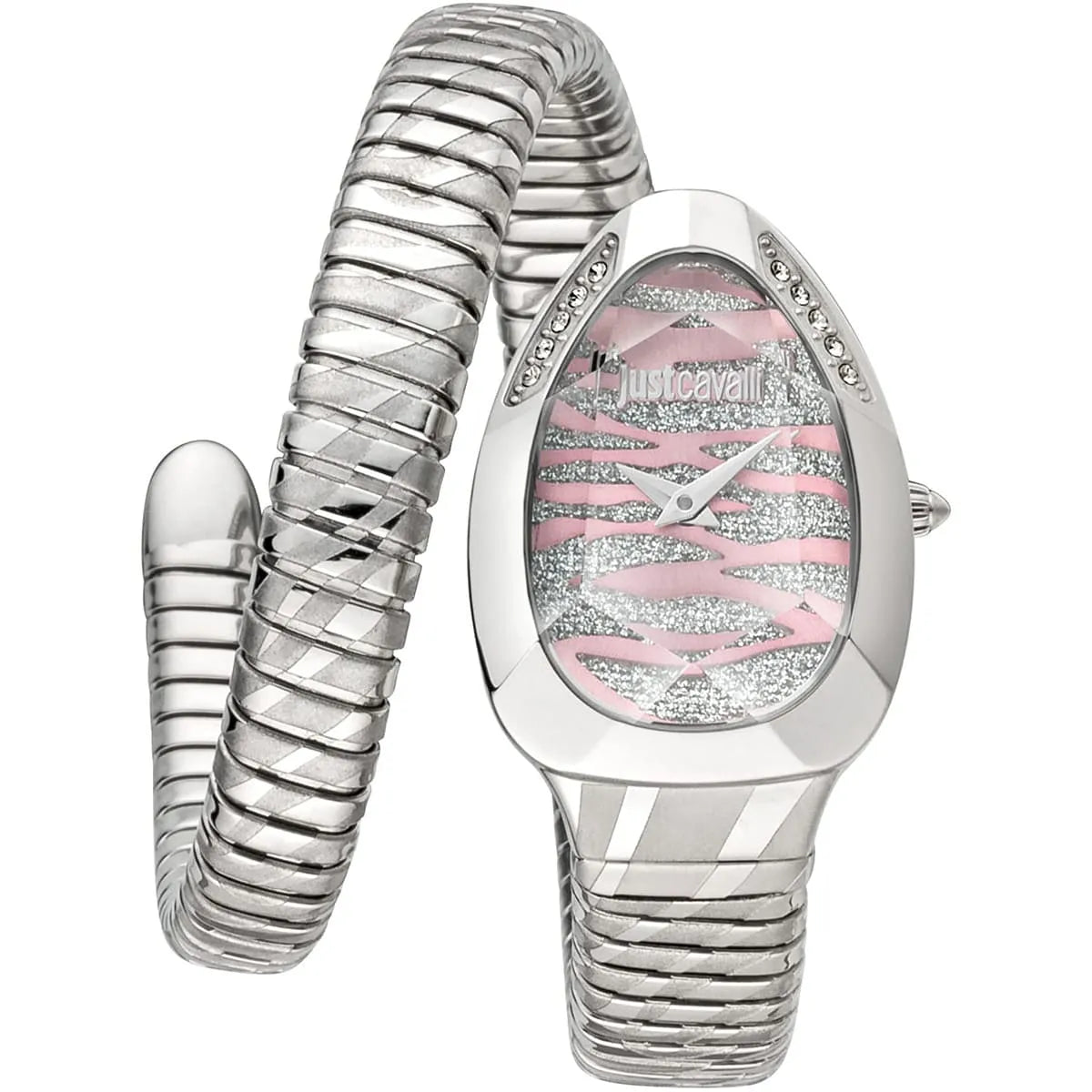 Just Cavalli Signature Snake JC1L225M0015 34mm Women's Quartz Watch – Silver & Pink with Silver Stainless Steel Bracelet