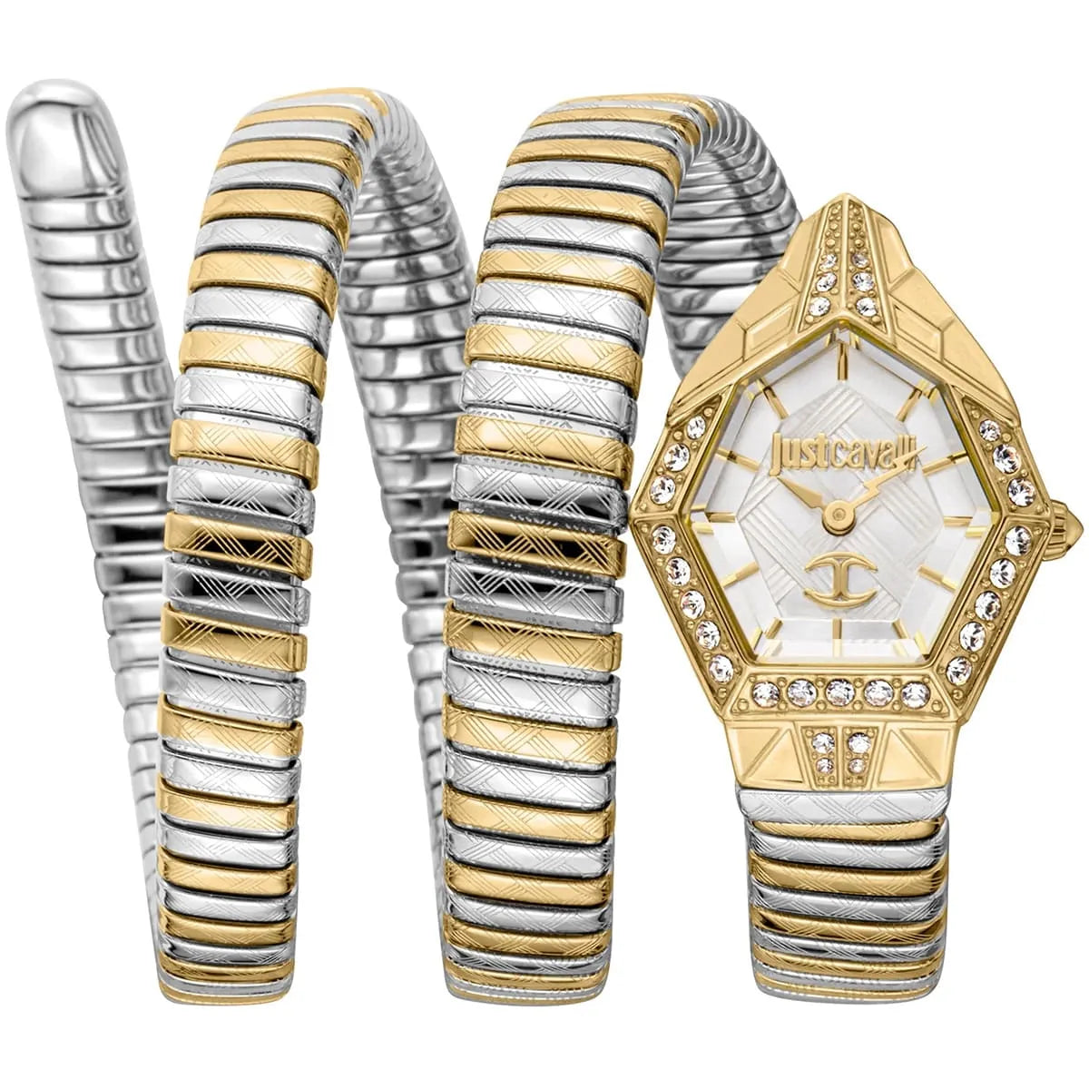 Just Cavalli Signature Snake JC1L304M0055 23mm Women's Quartz Watch – Silver with Silver & Gold Stainless Steel Bracelet