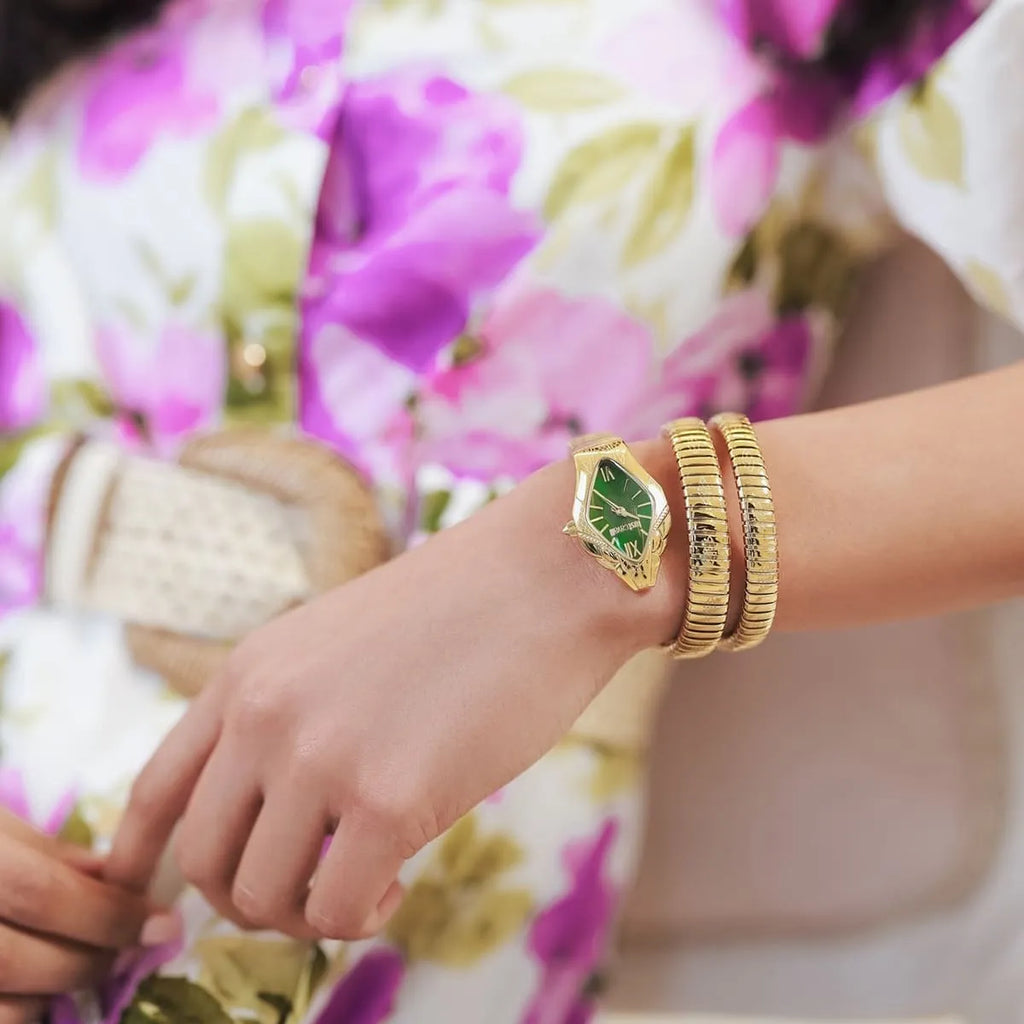 Just Cavalli Signature Snake JC1L307M0035 22mm Women's Quartz Watch – Green with Gold Stainless Steel Bracelet