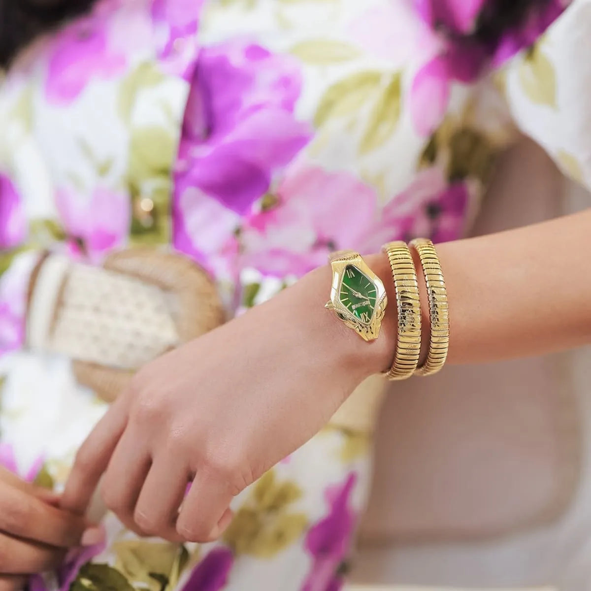 Just Cavalli Signature Snake JC1L307M0035 22mm Women's Quartz Watch – Green with Gold Stainless Steel Bracelet