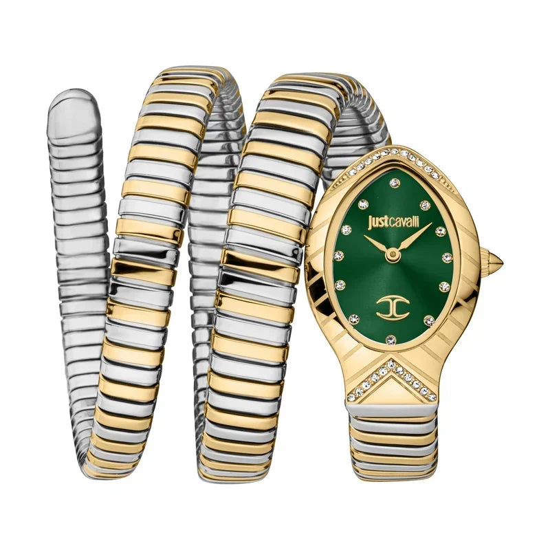 Just Cavalli Signature JC1L248M0065 23mm Women's Quartz Watch – Green with Silver & Gold Stainless Steel Bracelet