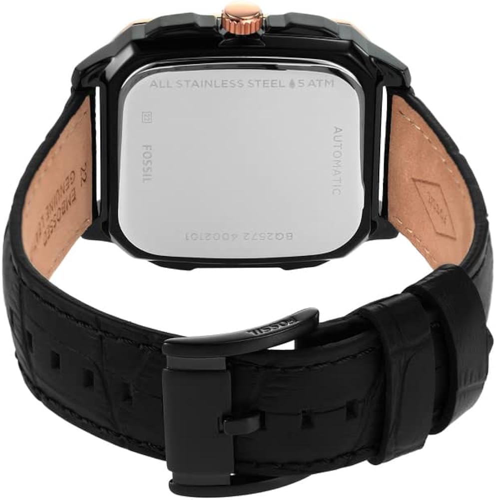 Fossil Inscription BQ2572 42mm Men’s Automatic Watch – Rose Gold-tone Skeleton Dial & Black Genuine Leather Strap
