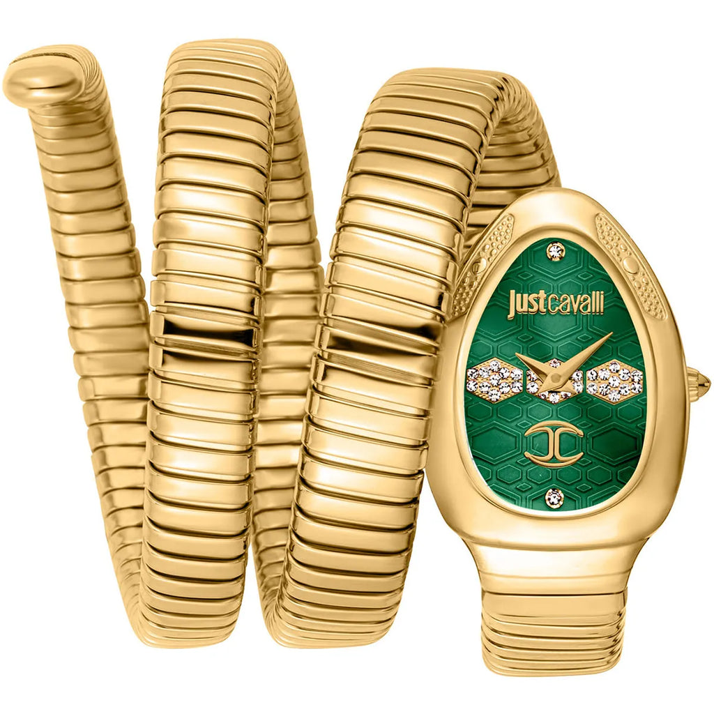 Just Cavalli Signature Snake JC1L232M0035 22mm Women's Quartz Watch – Green with Gold Stainless Steel Bracelet