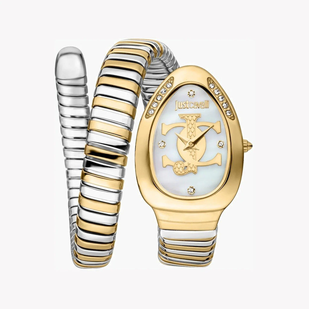 Just Cavalli Signature Snake JC1L227M0065 20mm Women's Quartz Watch – White with Silver & Gold Stainless Steel Bracelet
