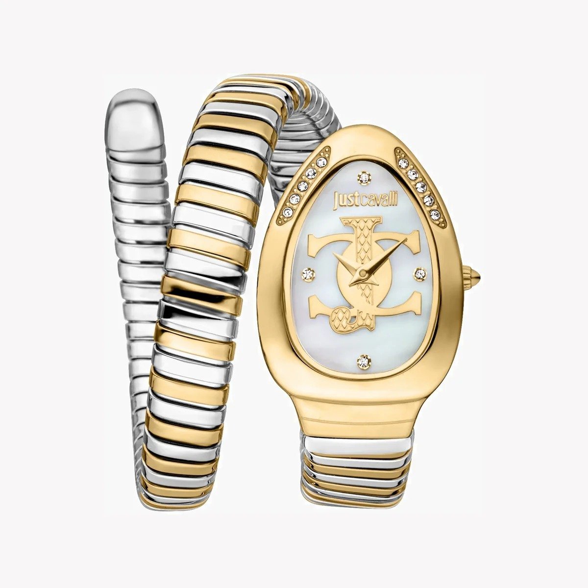 Just Cavalli Signature Snake JC1L227M0065 20mm Women's Quartz Watch – White with Silver & Gold Stainless Steel Bracelet