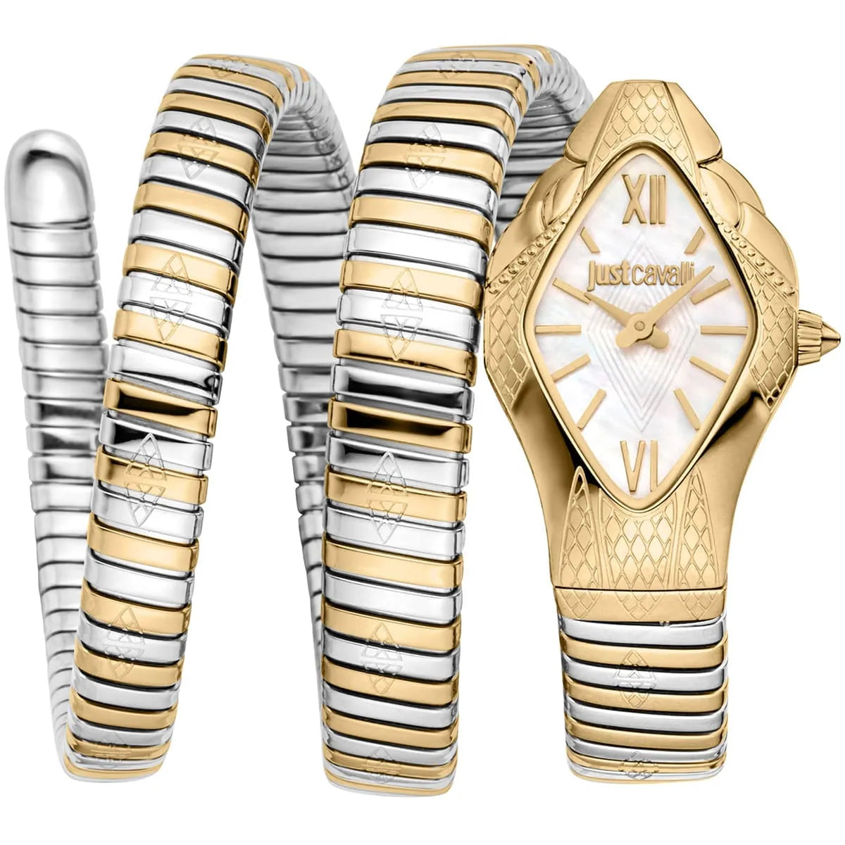 Just Cavalli Signature Snake JC1L230M0045 22mm Women's Quartz Watch – Silver with Silver & Gold Stainless Steel Bracelet
