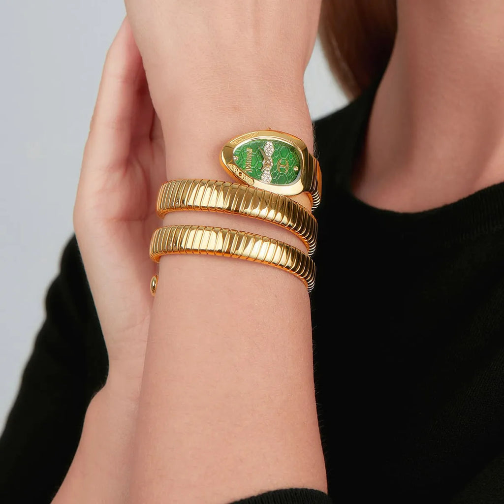 Just Cavalli Signature Snake JC1L232M0035 22mm Women's Quartz Watch – Green with Gold Stainless Steel Bracelet