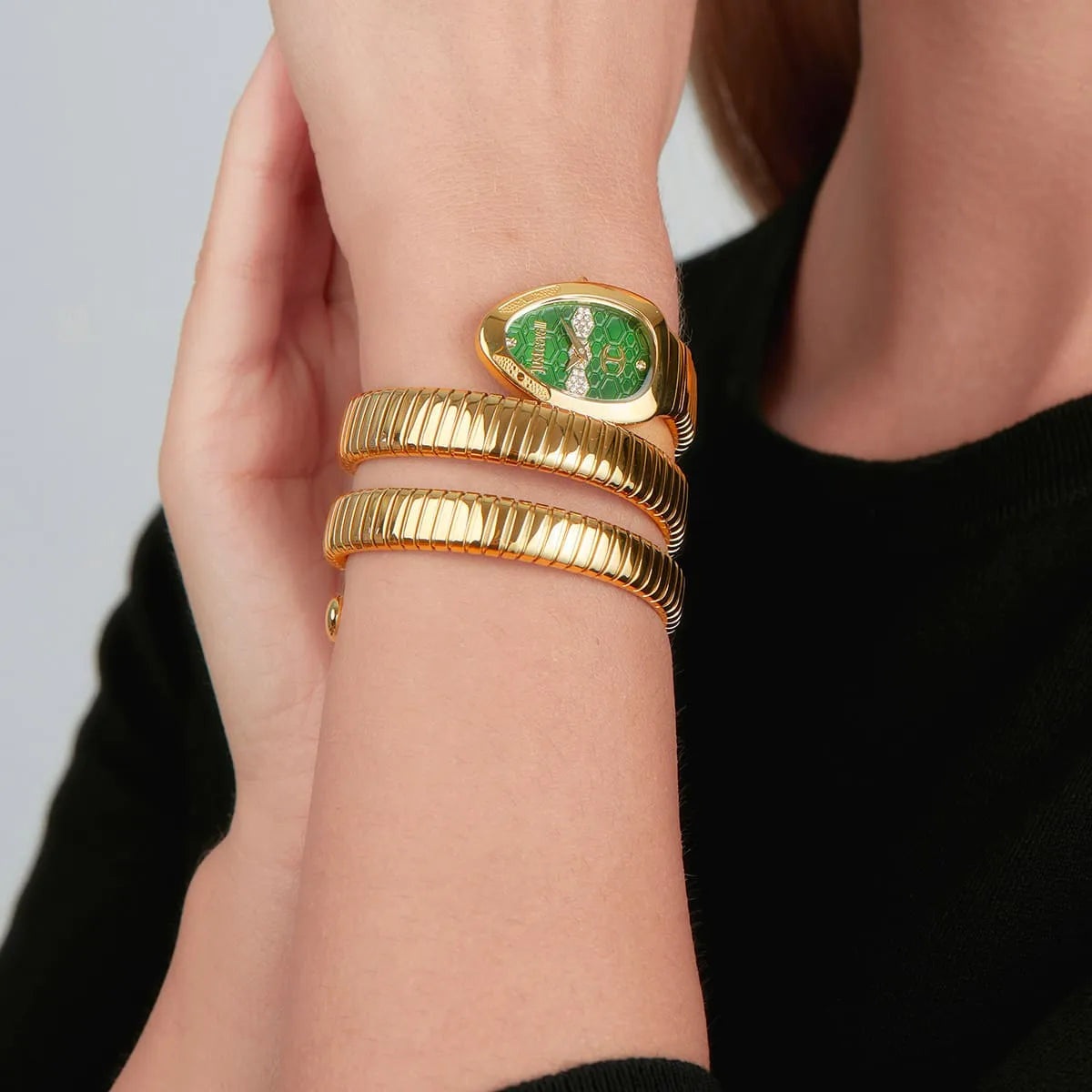 Just Cavalli Signature Snake JC1L232M0035 22mm Women's Quartz Watch – Green with Gold Stainless Steel Bracelet