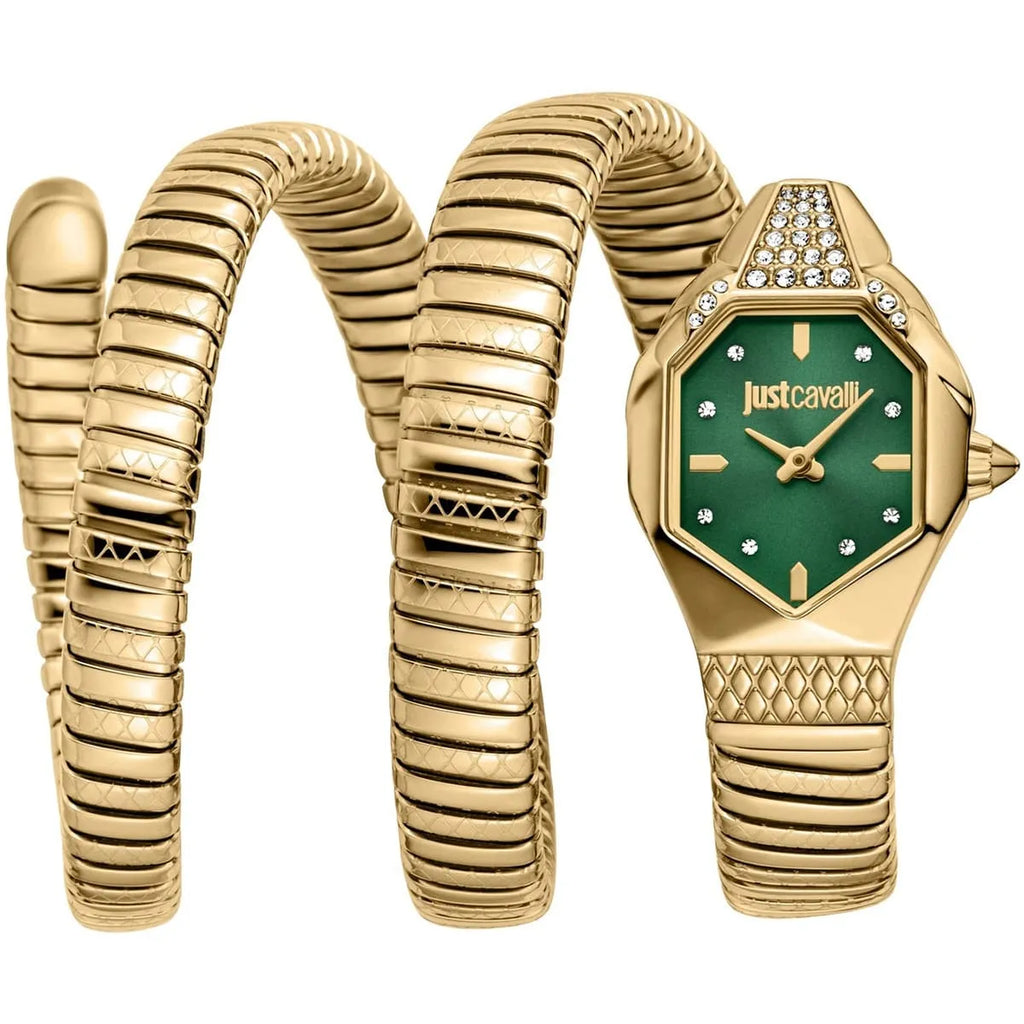 Just Cavalli Signature Snake JC1L370M0035 22mm Women's Quartz Watch – Green with Gold Stainless Steel Bracelet