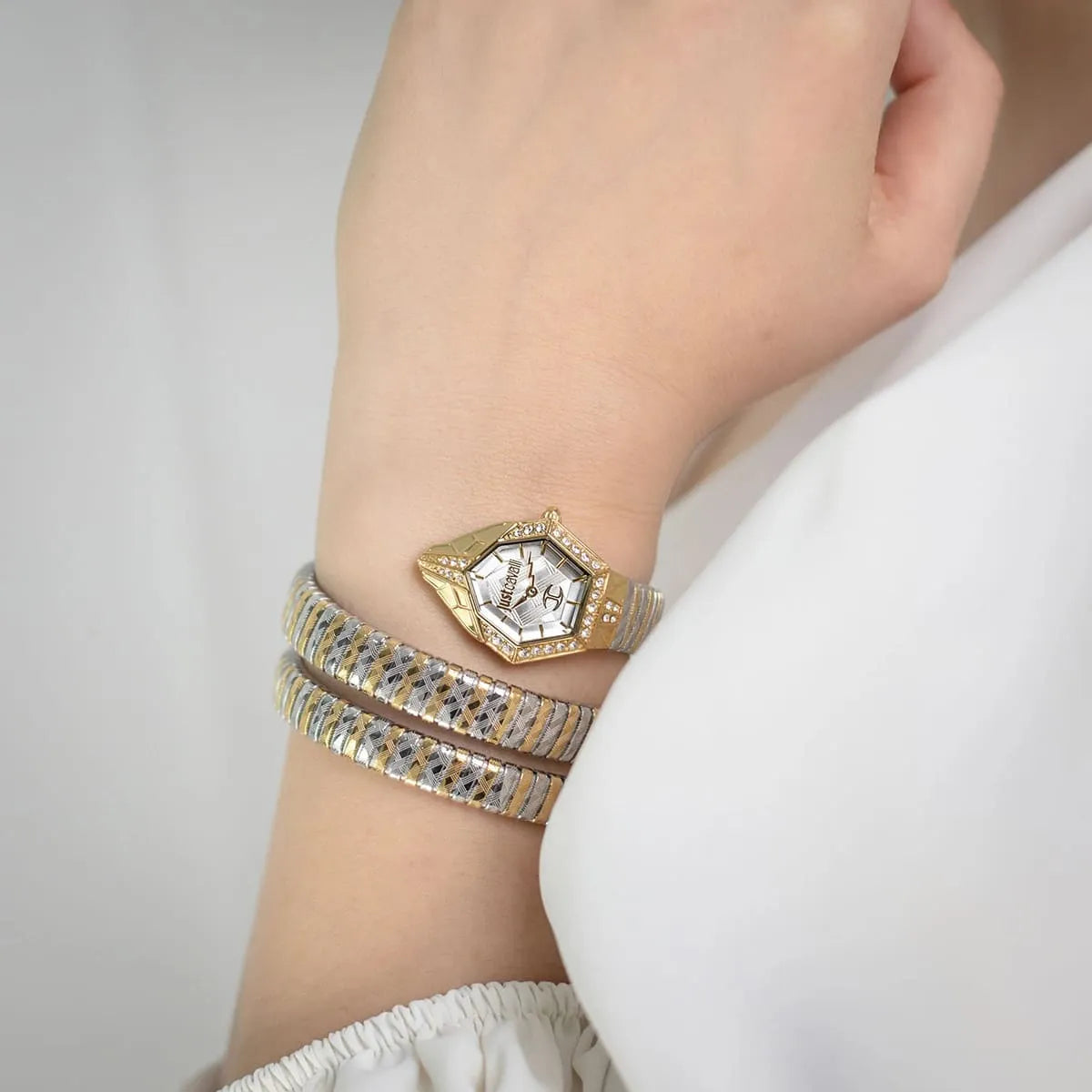 Just Cavalli Signature Snake JC1L304M0055 23mm Women's Quartz Watch – Silver with Silver & Gold Stainless Steel Bracelet