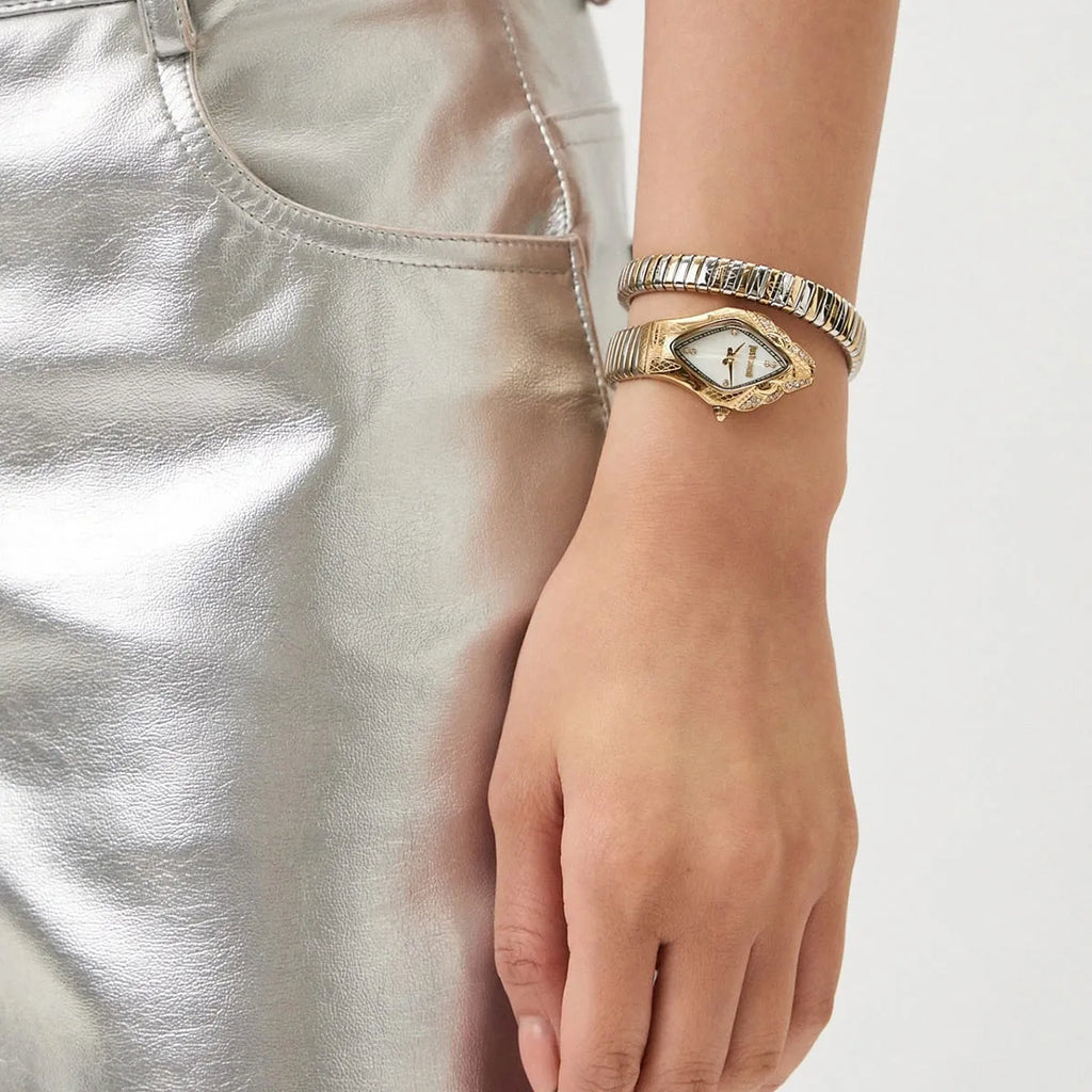 Just Cavalli Signature Snake JC1L306M0065 20mm Women's Quartz Watch – White with Silver & Gold Stainless Steel Bracelet