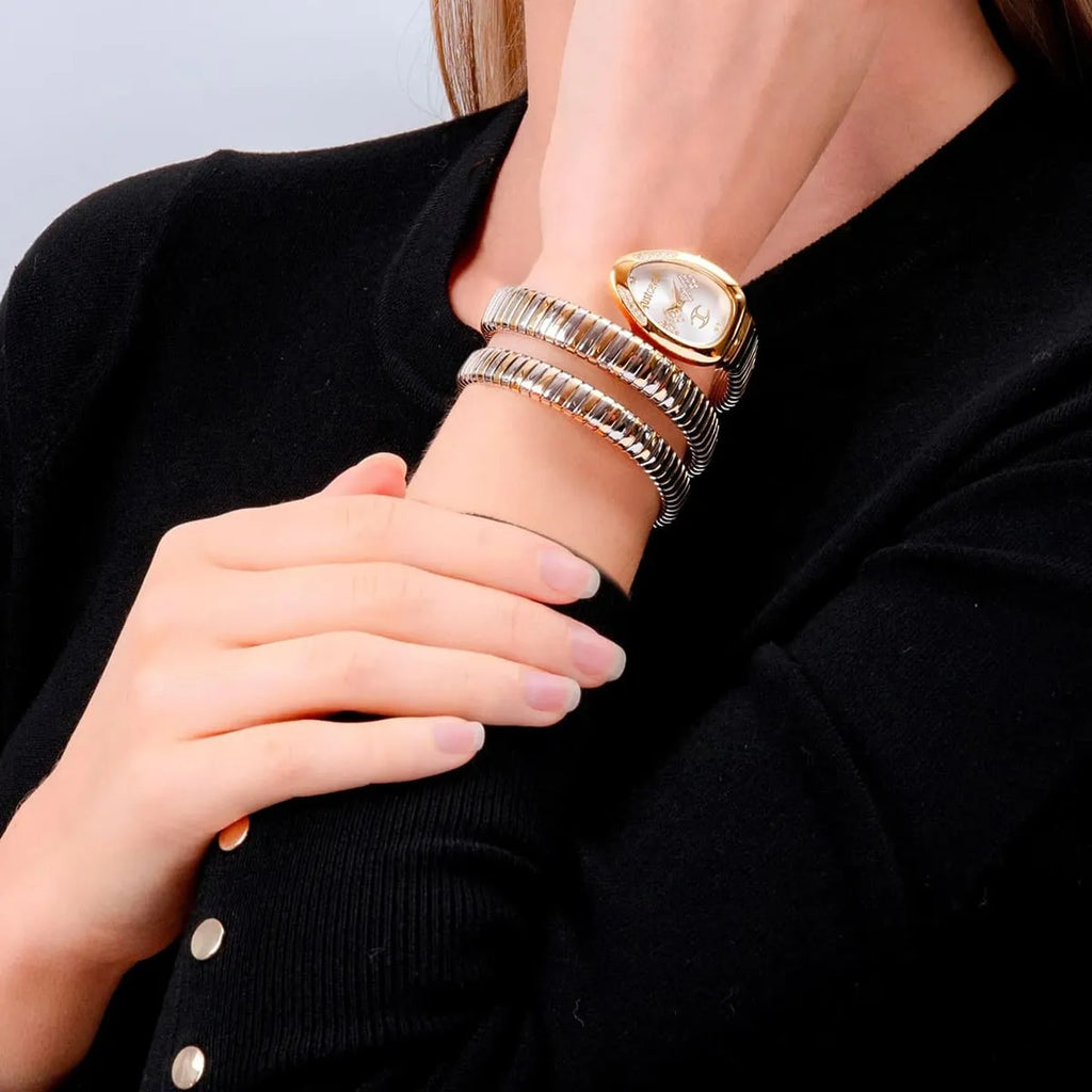Just Cavalli Signature Snake JC1L230M0065 22mm Women's Quartz Watch – Silver with Silver & Gold Stainless Steel Bracelet