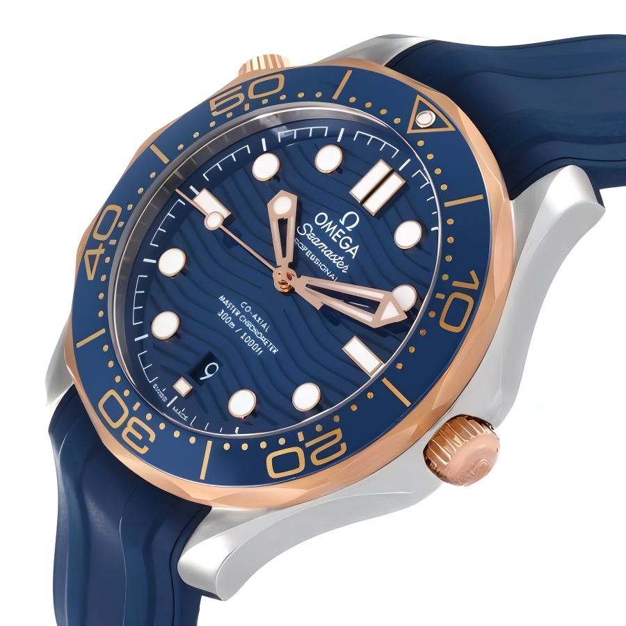 Omega Seamaster Diver 300M 42mm Master Quality Watch – Blue Dial, Rose Gold-Tone Bezel & Blue Rubber Strap