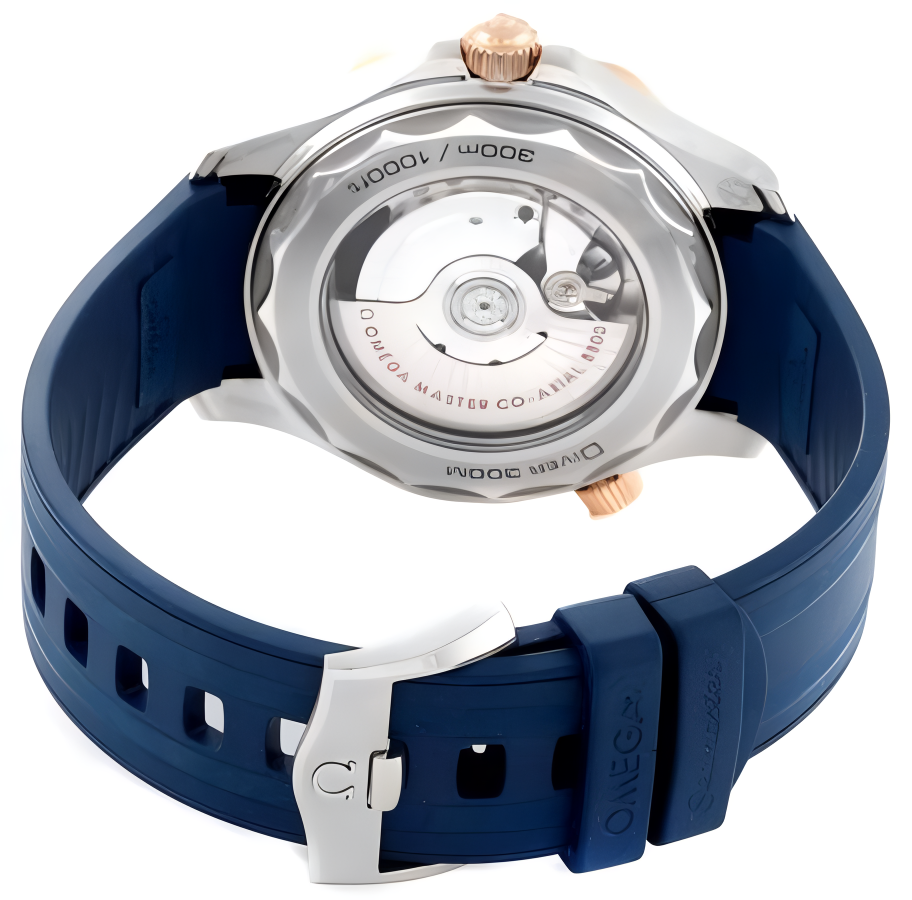 Omega Seamaster Diver 300M 42mm Master Quality Watch – Blue Dial, Rose Gold-Tone Bezel & Blue Rubber Strap