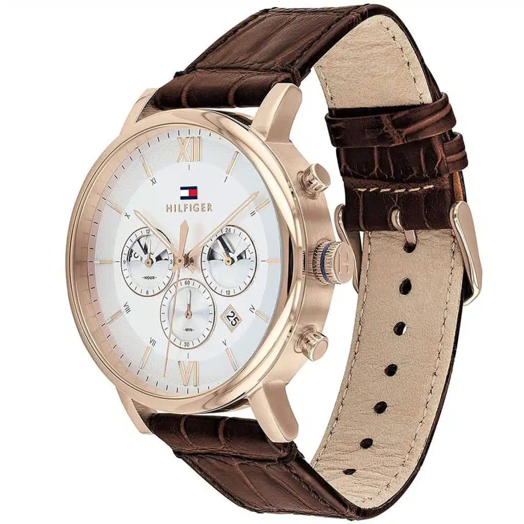 Tommy Hilfiger Evan 1710394 44mm Men's Chronograph Watch – Cream & Brown Genuine Leather Strap