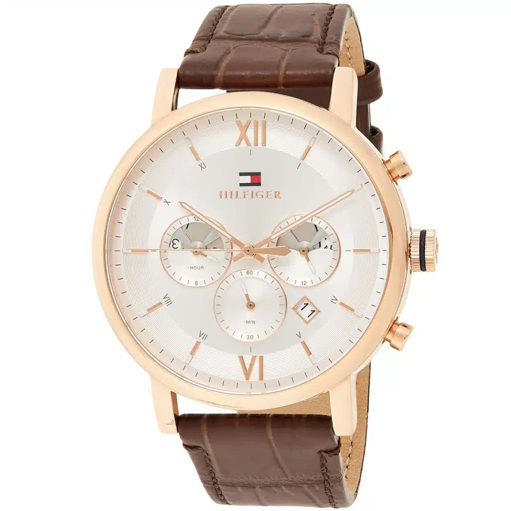 Tommy Hilfiger Evan 1710394 44mm Men's Chronograph Watch – Cream & Brown Genuine Leather Strap