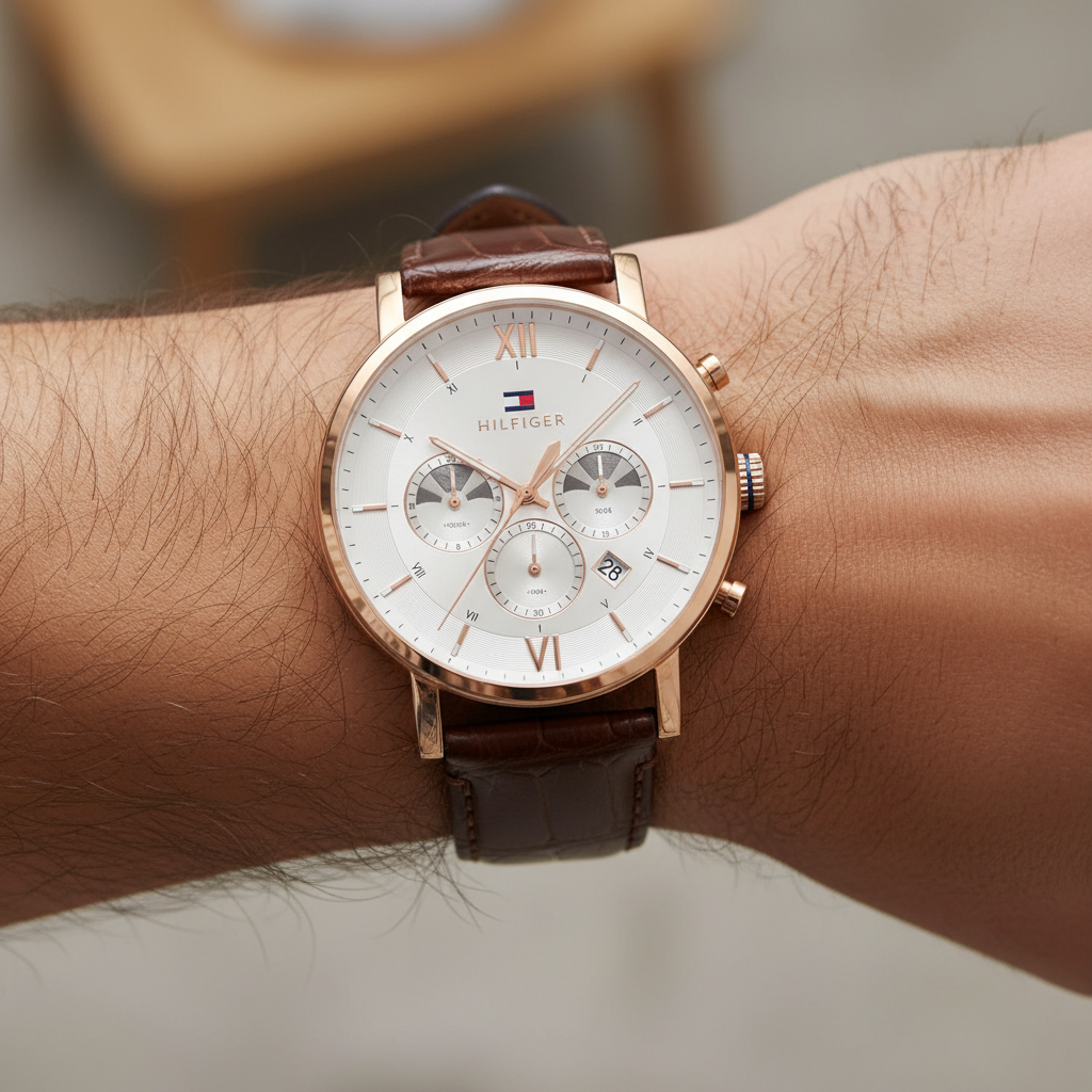 Tommy Hilfiger Evan 1710394 44mm Men's Chronograph Watch – Cream & Brown Genuine Leather Strap