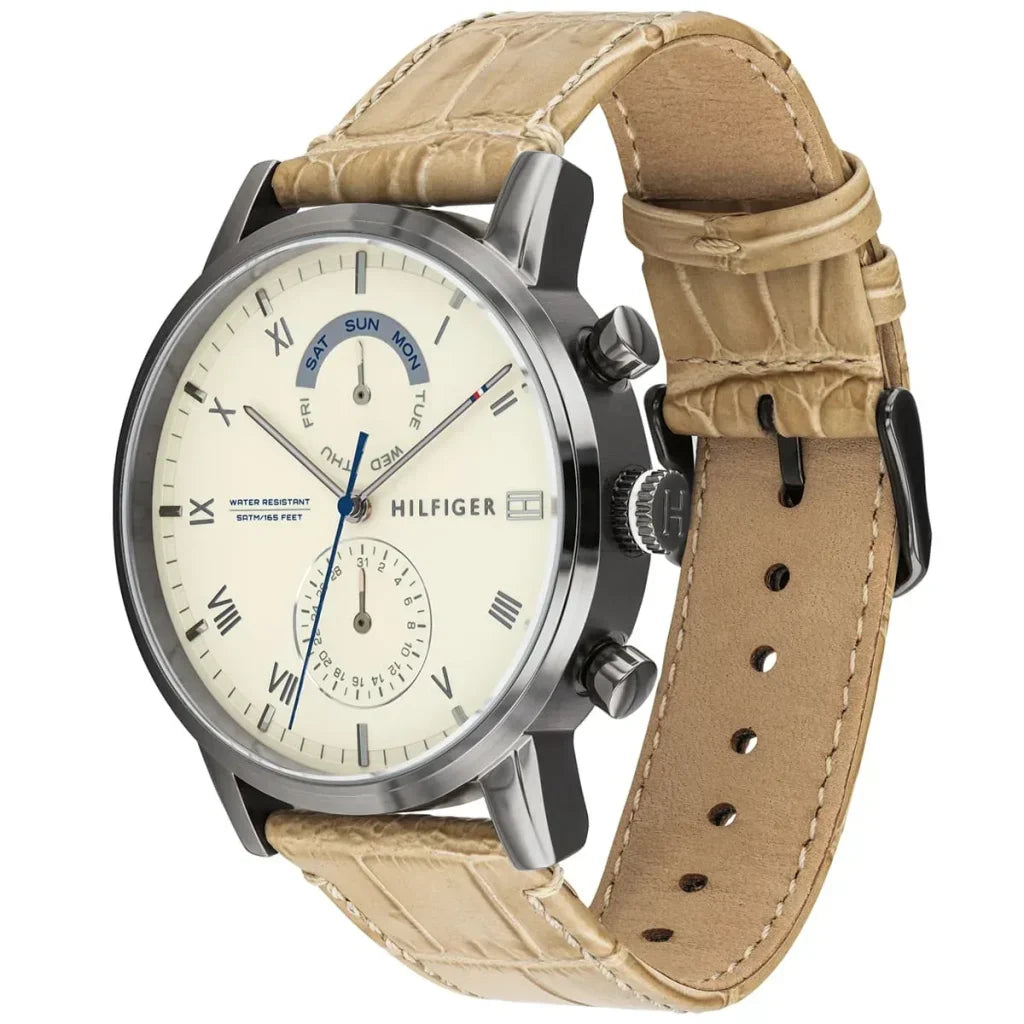 Tommy Hilfiger Kane 1710399 44mm Men's Multi-Function Watch – Beige & Beige Genuine Leather Strap