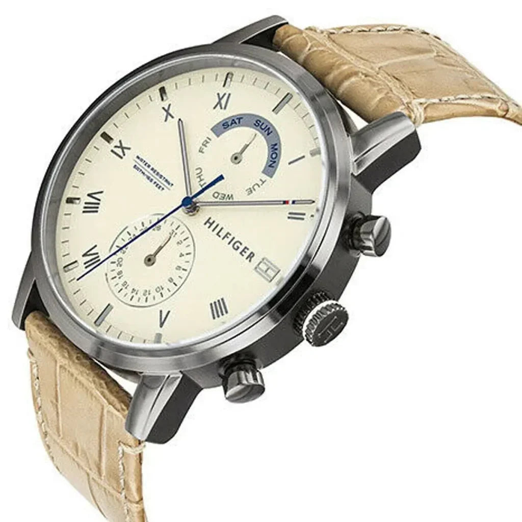 Tommy Hilfiger Kane 1710399 44mm Men's Multi-Function Watch – Beige & Beige Genuine Leather Strap