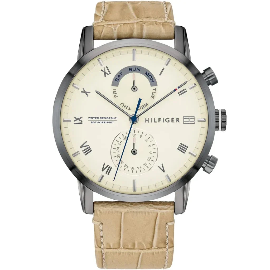 Tommy Hilfiger Kane 1710399 44mm Men's Multi-Function Watch – Beige & Beige Genuine Leather Strap