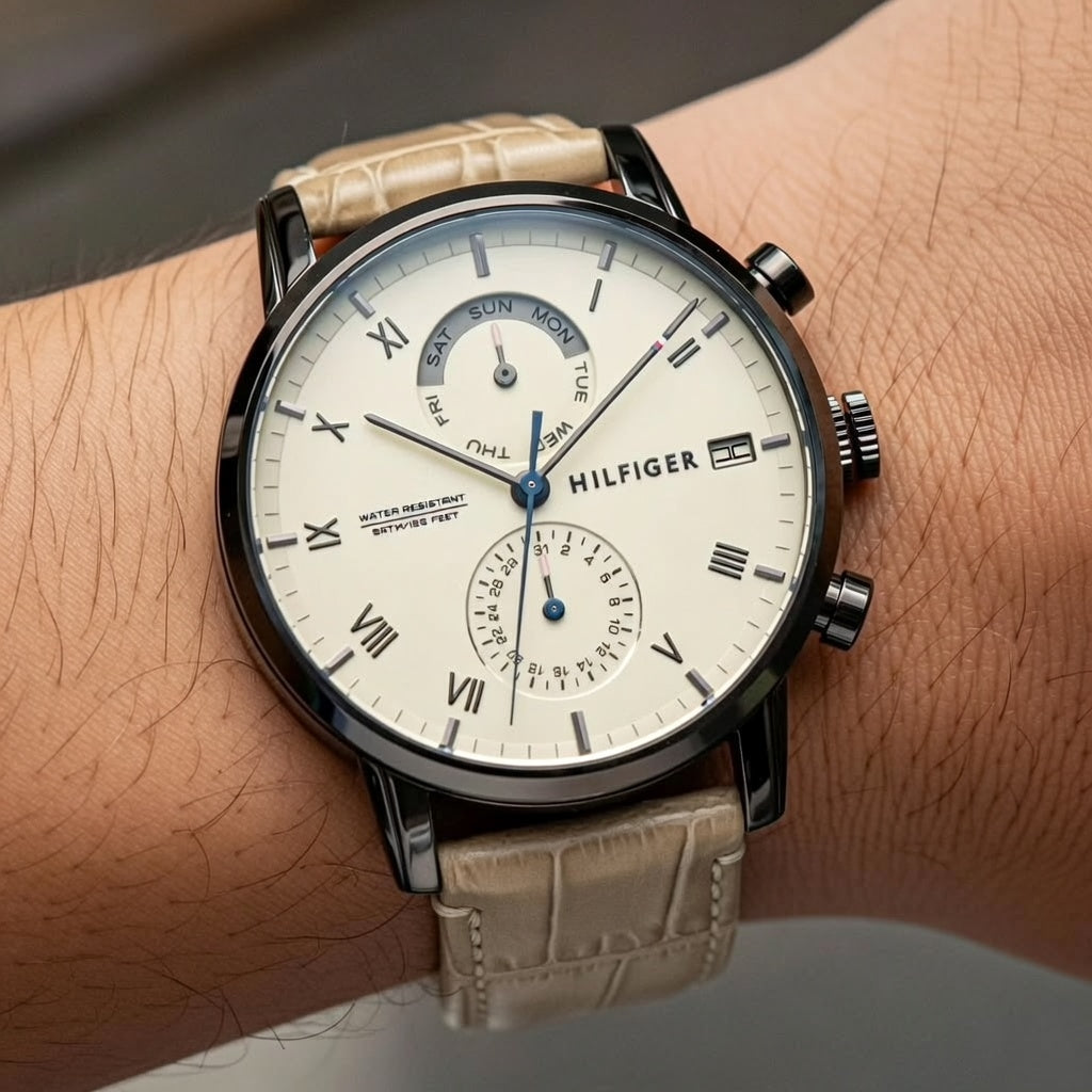 Tommy Hilfiger Kane 1710399 44mm Men's Multi-Function Watch – Beige & Beige Genuine Leather Strap