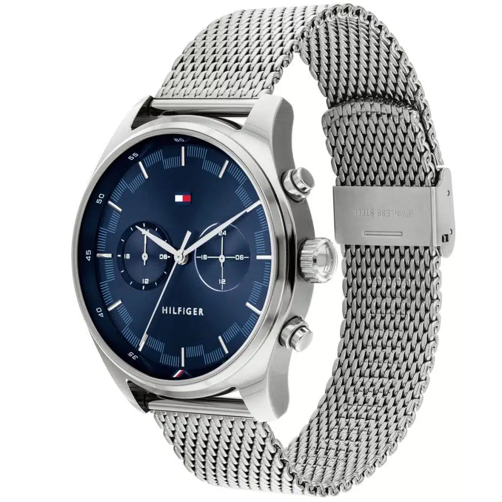 Tommy Hilfiger Sawyer 1710420 44mm Men's Multi-Function Watch – Blue & Silver Stainless Steel Mesh Bracelet