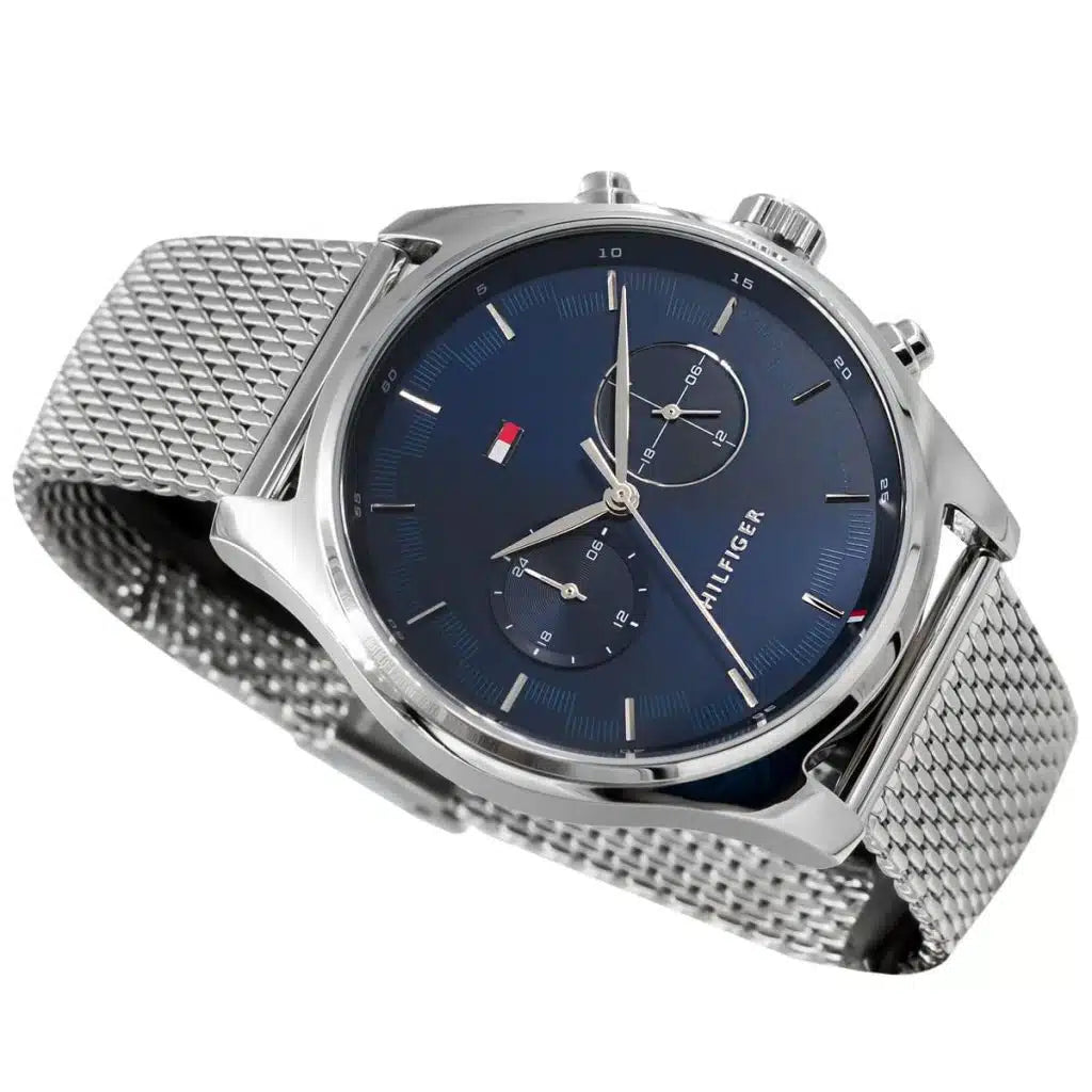 Tommy Hilfiger Sawyer 1710420 44mm Men's Multi-Function Watch – Blue & Silver Stainless Steel Mesh Bracelet