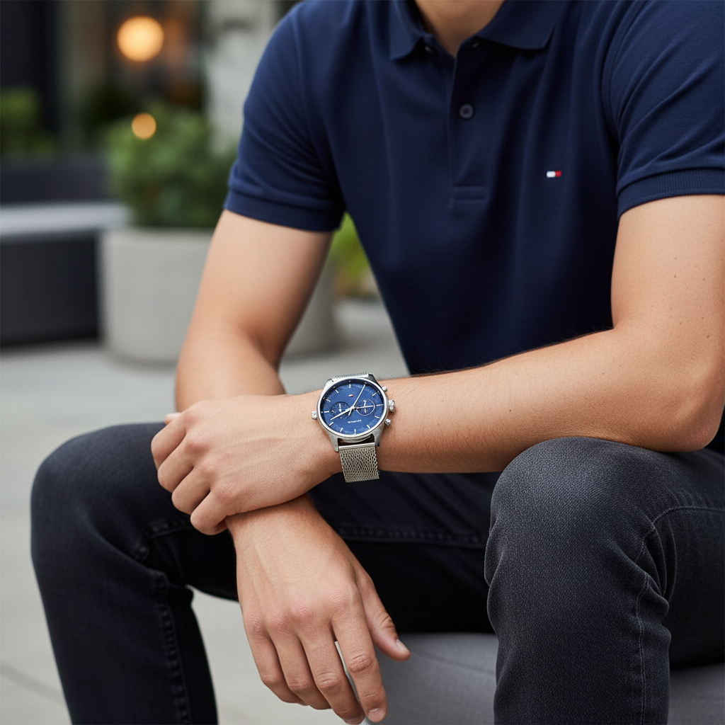 Tommy Hilfiger Sawyer 1710420 44mm Men's Multi-Function Watch – Blue & Silver Stainless Steel Mesh Bracelet