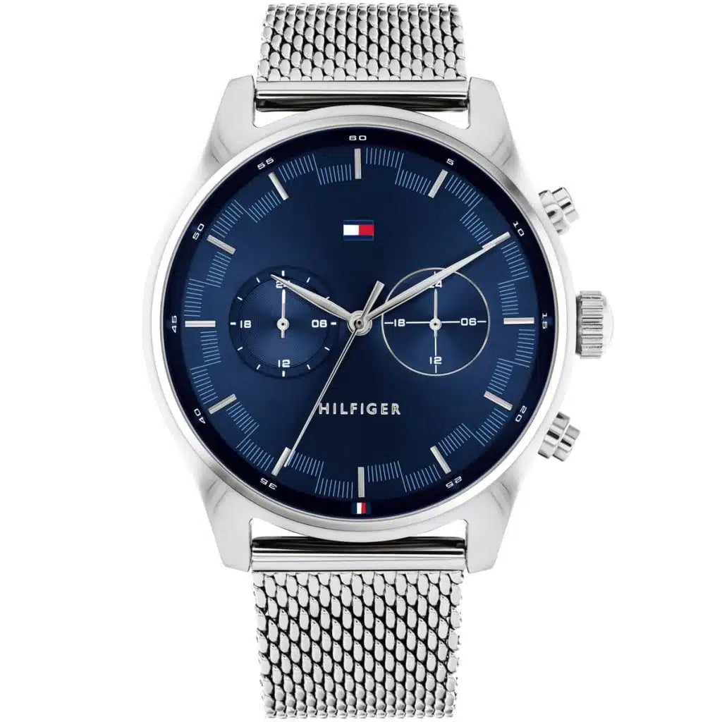 Tommy Hilfiger Sawyer 1710420 44mm Men's Multi-Function Watch – Blue & Silver Stainless Steel Mesh Bracelet