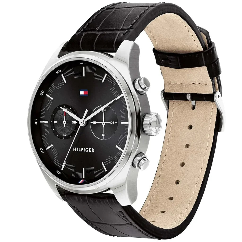 Tommy Hilfiger Sawyer 1710424 44mm Men's Multi-Function Watch – Black & Black Genuine Leather Strap