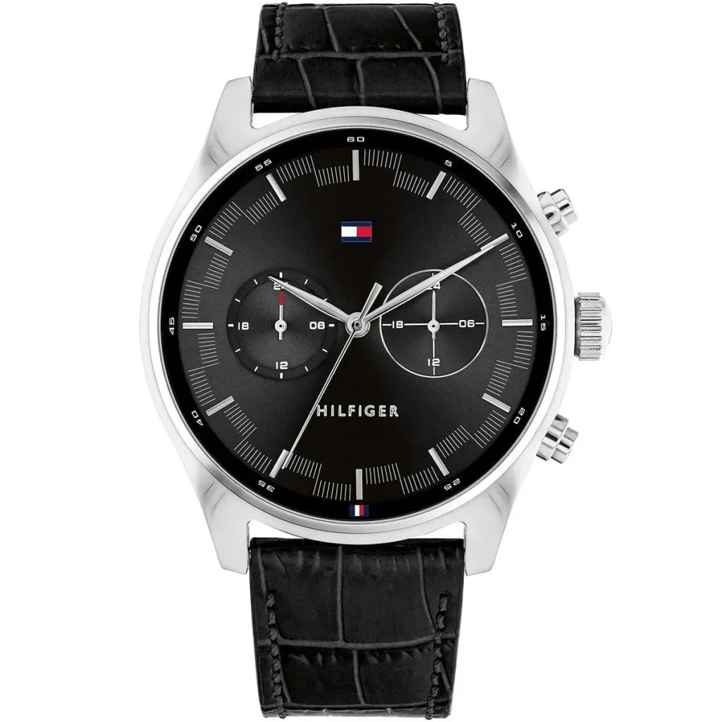Tommy Hilfiger Sawyer 1710424 44mm Men's Multi-Function Watch – Black & Black Genuine Leather Strap