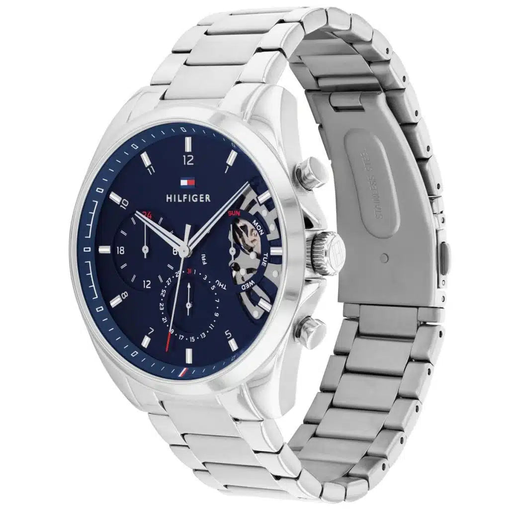 Tommy Hilfiger Baker 1710448 44mm Men's Multi-Function Watch – Blue Skeleton & Silver Stainless Steel Bracelet