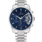 Tommy Hilfiger Baker 1710448 44mm Men's Multi-Function Watch – Blue Skeleton & Silver Stainless Steel Bracelet