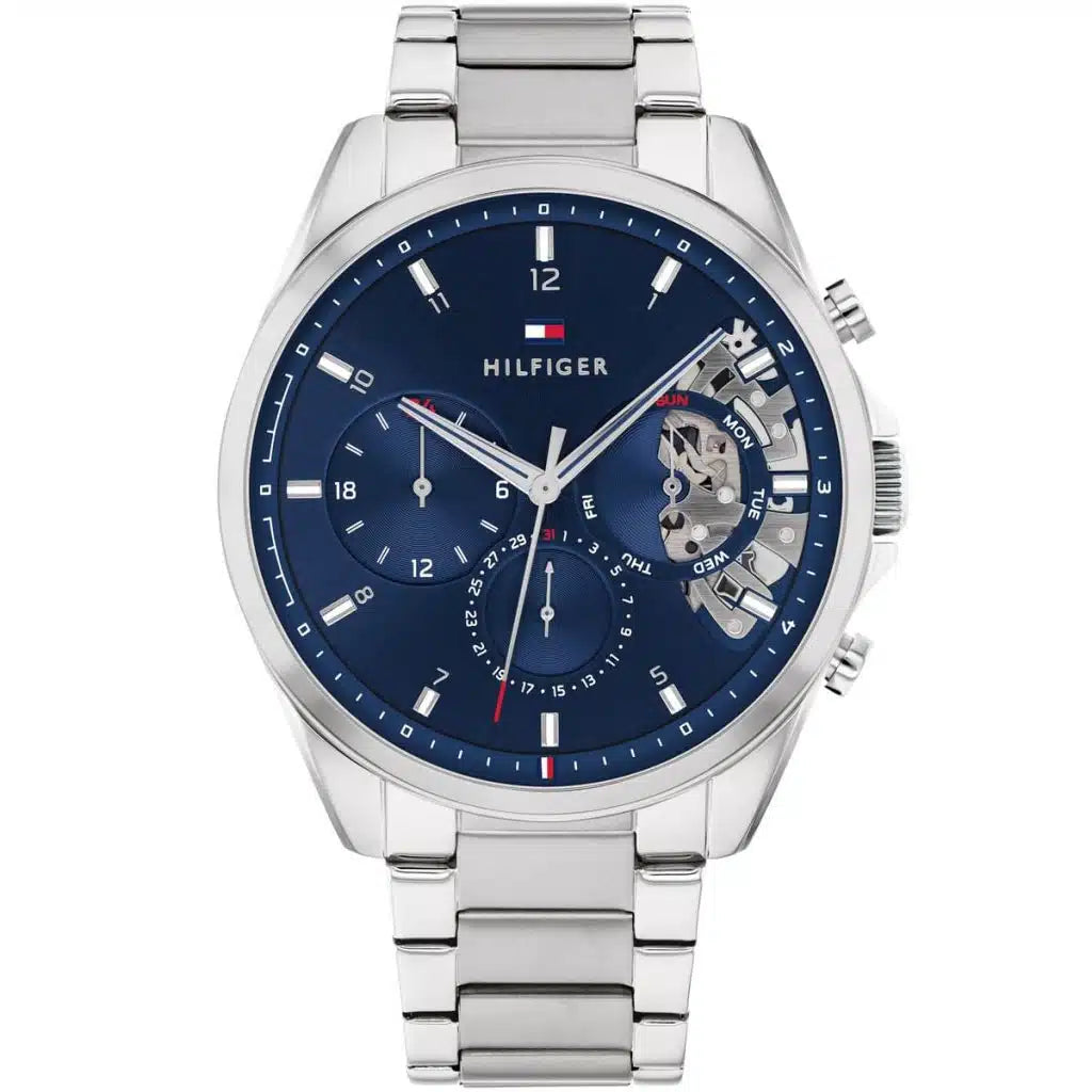 Tommy Hilfiger Baker 1710448 44mm Men's Multi-Function Watch – Blue Skeleton & Silver Stainless Steel Bracelet