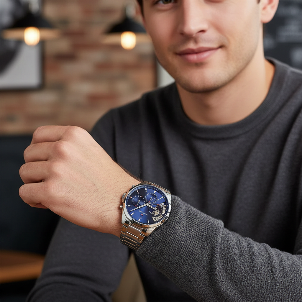 Tommy Hilfiger Baker 1710448 44mm Men's Multi-Function Watch – Blue Skeleton & Silver Stainless Steel Bracelet