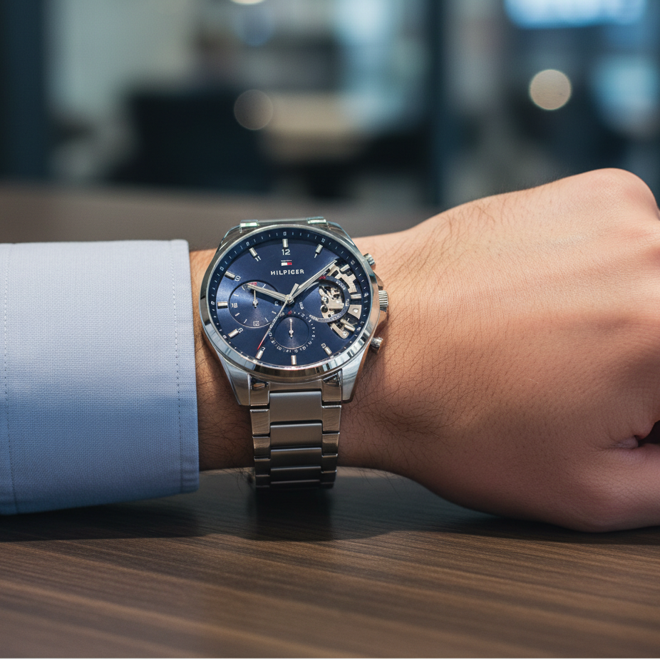 Tommy Hilfiger Baker 1710448 44mm Men's Multi-Function Watch – Blue Skeleton & Silver Stainless Steel Bracelet