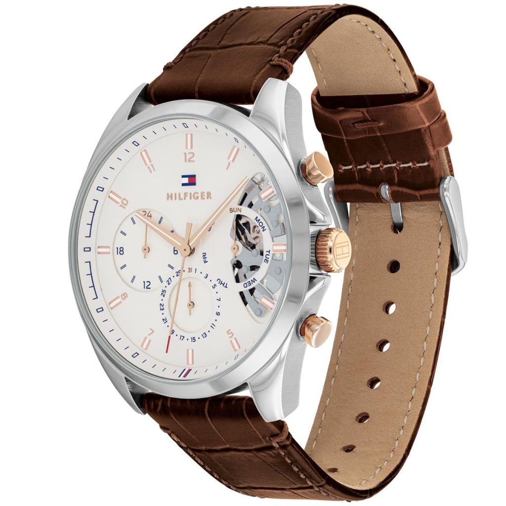 Tommy Hilfiger Baker 1710450 44mm Men's Multi-Function Watch – White Semi-Skeleton & Brown Genuine Leather Strap