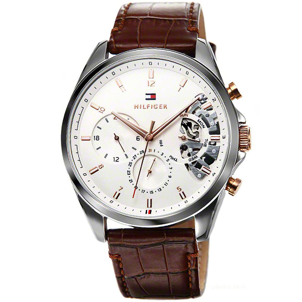 Tommy Hilfiger Baker 1710450 44mm Men's Multi-Function Watch – White Semi-Skeleton & Brown Genuine Leather Strap