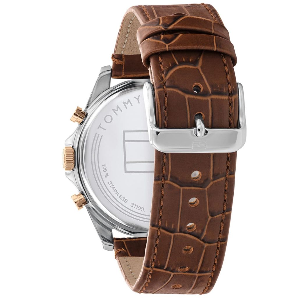 Tommy Hilfiger Baker 1710450 44mm Men's Multi-Function Watch – White Semi-Skeleton & Brown Genuine Leather Strap